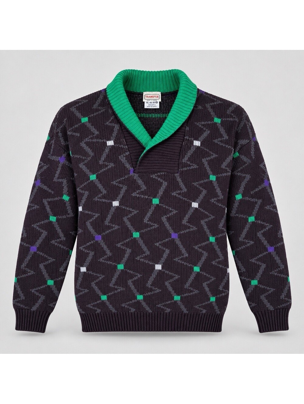 VTG TRANSFER Geometric Shawl Collar Sweater M L Made in Eng Retro Grandpa Core
